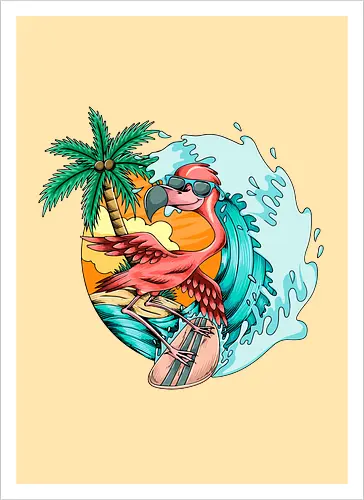 Pink Flamingo Summer Surfing On The Beach