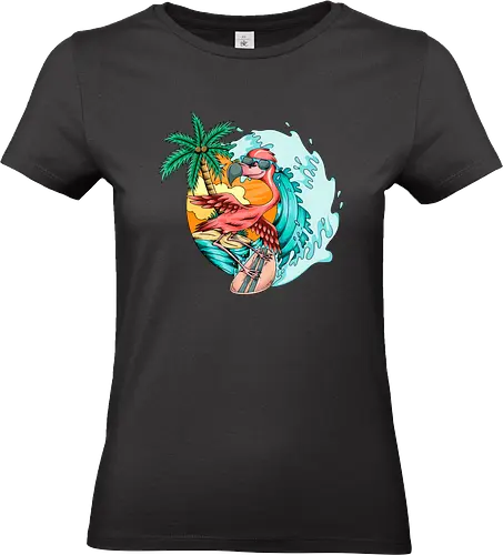Pink Flamingo Summer Surfing On The Beach - cute, exotic, summer, tattoo, flamingos, kawaii, nature, pink, pink flamingo, plants, positive, vibes, tropical, unique, wildlife, gift, illustronii, adorable, positive vibes, surf, surfing, american, flamingo, animal, beach, beautiful, bird - Standard T-Shirt (Women)
