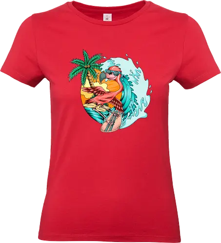 Pink Flamingo Summer Surfing On The Beach - cute, exotic, summer, tattoo, flamingos, kawaii, nature, pink, pink flamingo, plants, positive, vibes, tropical, unique, wildlife, gift, illustronii, adorable, positive vibes, surf, surfing, american, flamingo, animal, beach, beautiful, bird - Standard T-Shirt (Women)
