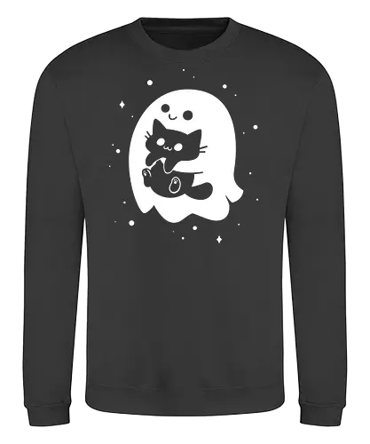 Spooky Cat Snatcher - ghost, black cat, halloween, cute, spooky season, funny, kawaii, black and white, horror, paranormal, happy, spirit - Sweatshirt