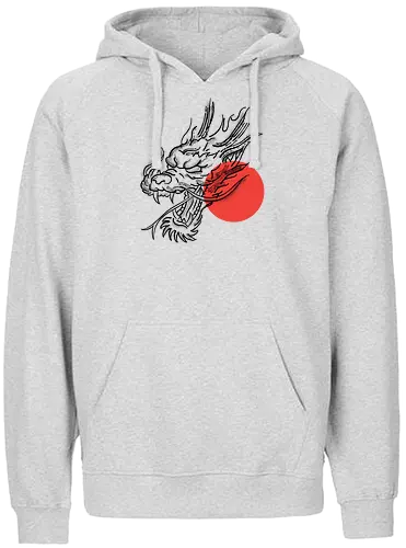 Japanese Dragon Red Sunset Stipple Tattoo - beast, Drachen, Tier, Wütender, europäischer, Drache, dragon, gift, legendary, magical, legendär, monster, mystery, mythical, red dragon, year of the dragon, illustronii, aesthetic, angry dragon, anime, asian dragon, illustration, tattoo, dragons, Fantasie, european dragon, fantasy, flying - Fairtrade Hoodie