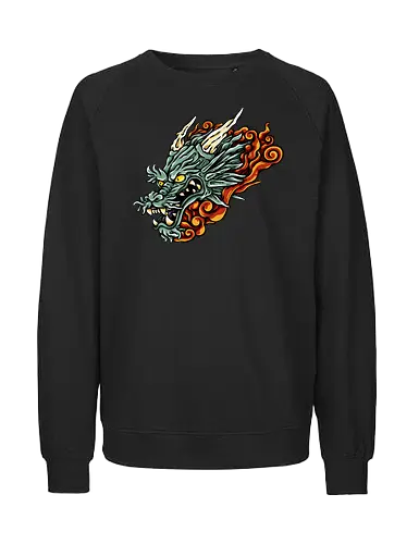 Green Asian Dragon Head Tattoo - aesthetic, angry dragon, anime, asian dragon, beast, Drachen, Tier, Wütender, europäischer, european dragon, fantasy, flying, gift, legendary, magical, legendär, monster, mystery, mythical, red dragon, year of the dragon, illustronii, Drache, dragon, illustration, tattoo, dragons, Fantasie - Fairtrade Sweatshirt