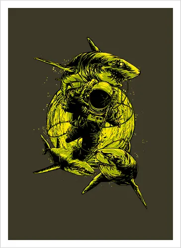 Astronaut Outer Space Deep Sea Diver Sharks Attack