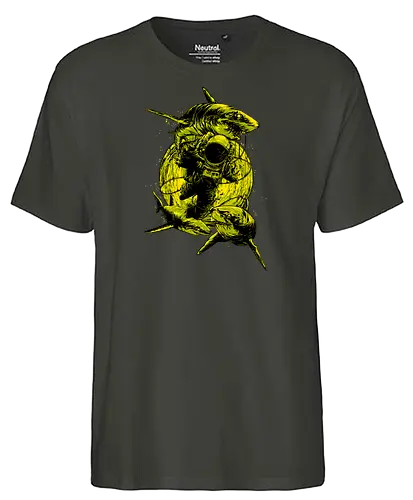 Astronaut Outer Space Deep Sea Diver Sharks Attack - shark, cool, cosmic, cosmonaut, cosmos, sea diver, explorer, fantasy, fish, galaxy, gravity, interstellar, moon, outer space, planet, planets, road trip, sci fi, science, science fiction, sky, solar system, space helmets, space travel, spaceflight, spaceman, stars, trippy, universe, illustronii, astral, astronaut, astronauts, astronomy, sharks - Fairtrade T-Shirt