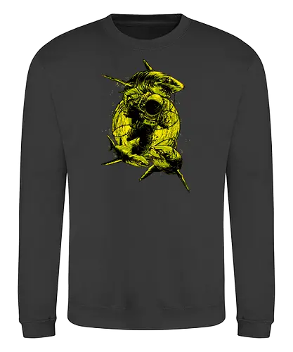 Astronaut Outer Space Deep Sea Diver Sharks Attack - shark, cool, cosmic, cosmonaut, cosmos, sea diver, explorer, fantasy, fish, galaxy, gravity, interstellar, moon, outer space, planet, planets, road trip, sci fi, science, science fiction, sky, solar system, space helmets, space travel, spaceflight, spaceman, stars, trippy, universe, illustronii, astral, astronaut, astronauts, astronomy, sharks - Sweatshirt