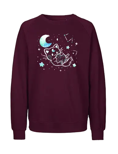 Cat in the Stars - Katze, Weltraum, Mond, Galaxie, Sterne, Sternbilder, Nebel, Garnkugel, verspielt, niedlich, Weite, großer Raum, Kätzchen, Mondsichel, cat, space, moon, galaxy, stars, outer space, constellations, nebula, yarn ball, playful, cute, vastness, vast space, kitten, crescent moon - Fairtrade Sweatshirt
