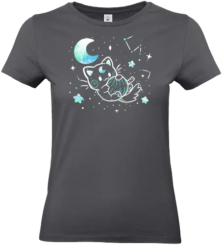 Cat in the Stars - Katze, Weltraum, Mond, Galaxie, Sterne, Sternbilder, Nebel, Garnkugel, verspielt, niedlich, Weite, großer Raum, Kätzchen, Mondsichel, cat, space, moon, galaxy, stars, outer space, constellations, nebula, yarn ball, playful, cute, vastness, vast space, kitten, crescent moon - Standard T-Shirt (Women)