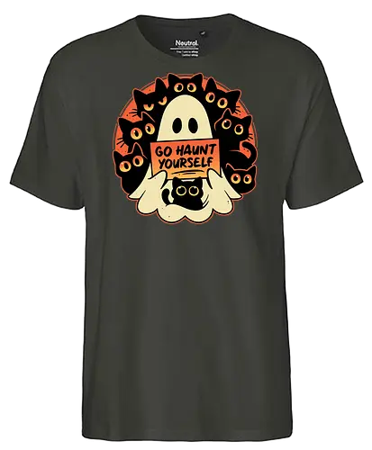Rude Cursing Ghost - ghost, black cats, halloween, horror, funny, cute, kittens, humour, spooky, scary, dark art, fall season, rude, curse - Fairtrade T-Shirt