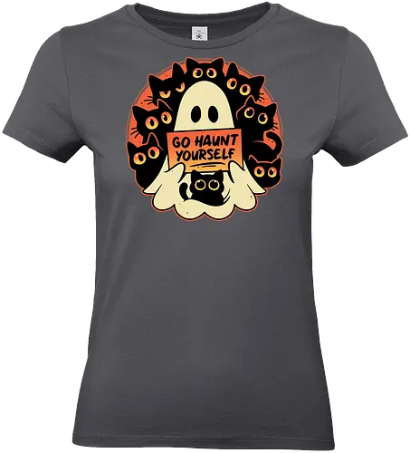 Rude Cursing Ghost - ghost, black cats, halloween, horror, funny, cute, kittens, humour, spooky, scary, dark art, fall season, rude, curse - Standard T-Shirt (Women)