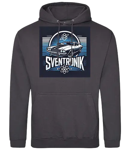 Sventronik Car - muscle car, futuristic design, retro automotive, sleek lines, hood scoop, energy waves, modern font, atomic elements, car tuning, advanced technology, high performance, stylish car graphic, automotive art, custom car, car culture. - Standard Hoodie