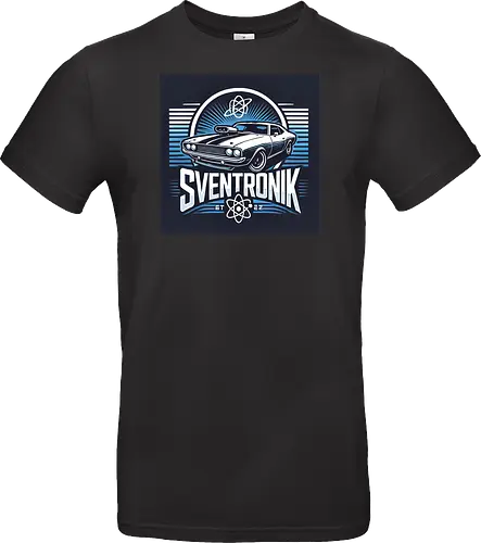 Sventronik Car - muscle car, futuristic design, retro automotive, sleek lines, hood scoop, energy waves, modern font, atomic elements, car tuning, advanced technology, high performance, stylish car graphic, automotive art, custom car, car culture.