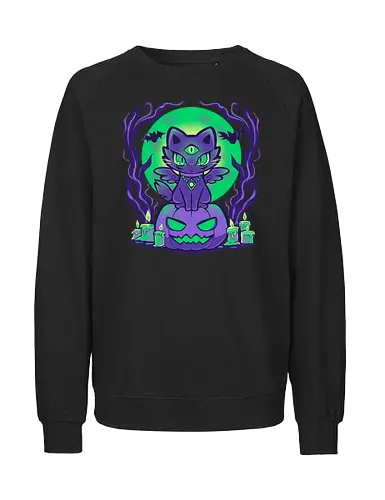 Moonlit Cat - Katze, gruselig, lila, Kürbis, magische Katze, Hexe, Mondlicht, Mond, Herbst, Flügel, Gothic, Katzendame, Geist Katze, cat, spooky, Halloween, purple, pumpkin, magic cat, witch, moonlight, moon, fall, autumn, wings, gothic, cat lady, spirit cat - Fairtrade Sweatshirt