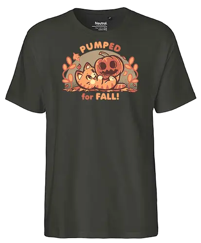 Pumped for Fall - herbst, kürbis, katze, aufgeregt, aufregung, jahreszeit, beste jahreszeit, feiertag, bester feiertag, kann nicht warten, fall, pumpkin, cat, autumn, excited, excitement, season, best season, holiday, best holiday, cant wait, Halloween, orange, palette, cute - Fairtrade T-Shirt