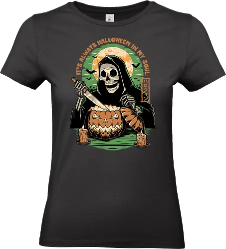 Halloween in my Soul - Halloween, holiday, october, spooky, trick or treat, Carve, Pumpkin Carving, Vintage, Retro Vintage, Scary, Spooky, Creepy, Bat, Skull, Graveyard, Grave, Skull, Skeleton, Pumpkin - Standard T-Shirt (Women)