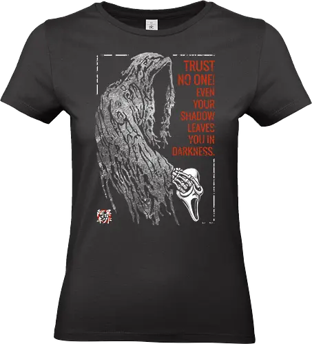 Trust No One - horror quote, halloween, trick or treat, scary, horror movie, creepy, slasher, spooky, pumpkin, tattoo, dark art, japanese, kanji, roses, knife, drawing, mask, don't boo, witchcraft, goth, occult, devil, 666, black magic, demon, psycho - Standard T-Shirt (Women)