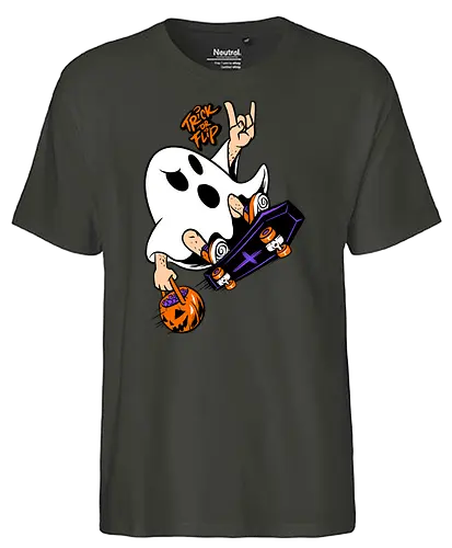 trick or flip  - horror, halloween, cool, cute, fun, Pen and Paper, game, plant, cartoon, monster - Fairtrade T-Shirt