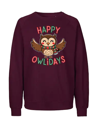  Happy Owlidays - holiday, owl, festive, scarf, cheerful, wings, happy, red, green - Fairtrade Sweatshirt