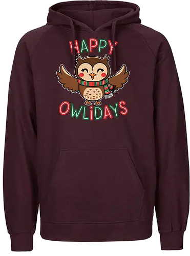  Happy Owlidays - holiday, owl, festive, scarf, cheerful, wings, happy, red, green - Fairtrade Hoodie