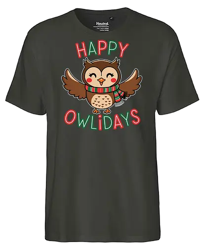  Happy Owlidays - holiday, owl, festive, scarf, cheerful, wings, happy, red, green - Fairtrade T-Shirt