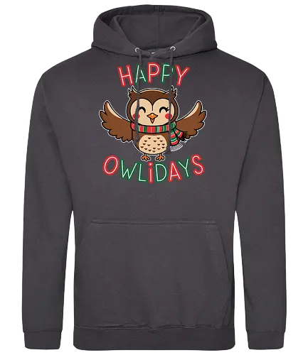  Happy Owlidays - holiday, owl, festive, scarf, cheerful, wings, happy, red, green - Standard Hoodie
