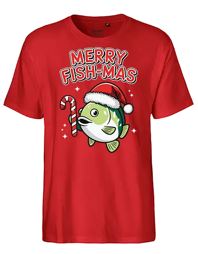 Merry Fish-mas - christmas, fish, santa hat, candy cane, holiday, festive, greeting, funny, humorous, celebration - Fairtrade T-Shirt