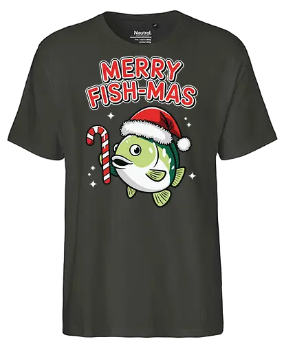 Merry Fish-mas - christmas, fish, santa hat, candy cane, holiday, festive, greeting, funny, humorous, celebration - Fairtrade T-Shirt