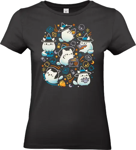 Whiskers and Witchcraft - white cat, cute kawaii, witch, witchcraft, magic, sorcerery, spooky halloween, skull, books, potion bottle, kitten, kitty - Standard T-Shirt (Women)