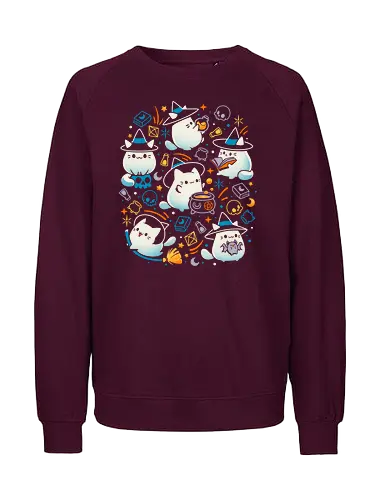 Whiskers and Witchcraft - white cat, cute kawaii, witch, witchcraft, magic, sorcerery, spooky halloween, skull, books, potion bottle, kitten, kitty - Fairtrade Sweatshirt