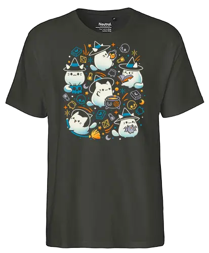Whiskers and Witchcraft - white cat, cute kawaii, witch, witchcraft, magic, sorcerery, spooky halloween, skull, books, potion bottle, kitten, kitty - Fairtrade T-Shirt