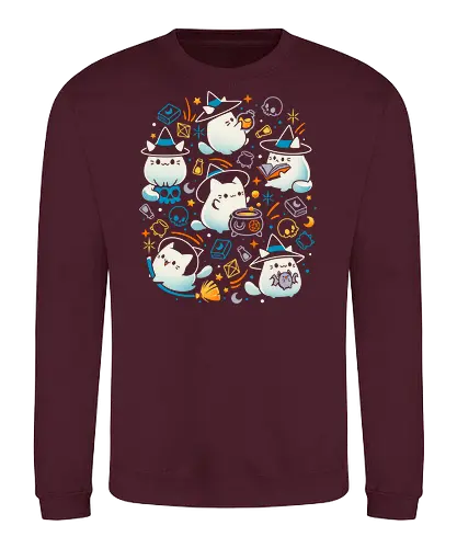 Whiskers and Witchcraft - white cat, cute kawaii, witch, witchcraft, magic, sorcerery, spooky halloween, skull, books, potion bottle, kitten, kitty - Sweatshirt