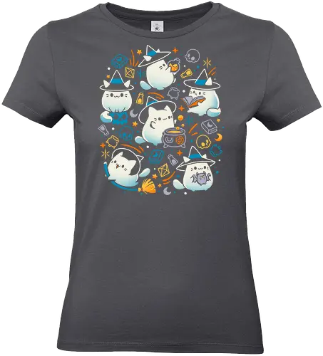 Whiskers and Witchcraft - white cat, cute kawaii, witch, witchcraft, magic, sorcerery, spooky halloween, skull, books, potion bottle, kitten, kitty - Standard T-Shirt (Women)