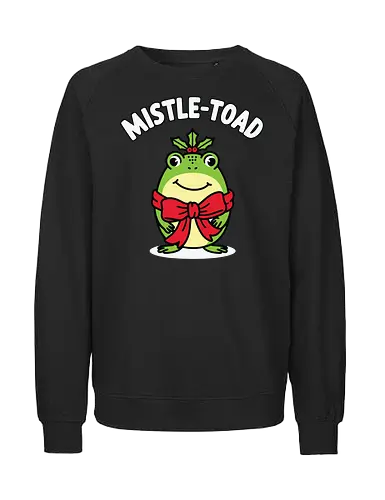 Mistle-Toad - toad, mistletoe, holiday, festive, humor, cartoon, red bow, cheerful, green, cute - Fairtrade Sweatshirt