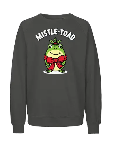 Mistle-Toad - toad, mistletoe, holiday, festive, humor, cartoon, red bow, cheerful, green, cute - Fairtrade Sweatshirt