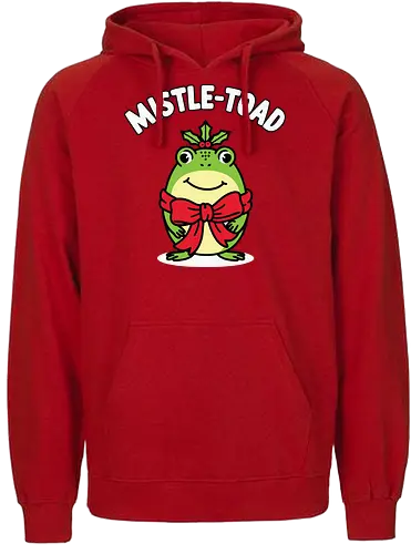 Mistle-Toad - toad, mistletoe, holiday, festive, humor, cartoon, red bow, cheerful, green, cute - Fairtrade Hoodie