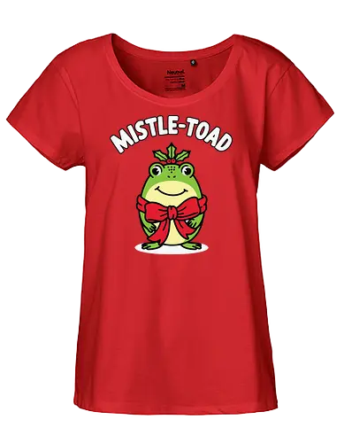 Mistle-Toad - toad, mistletoe, holiday, festive, humor, cartoon, red bow, cheerful, green, cute - Fairtrade Girl Shirt