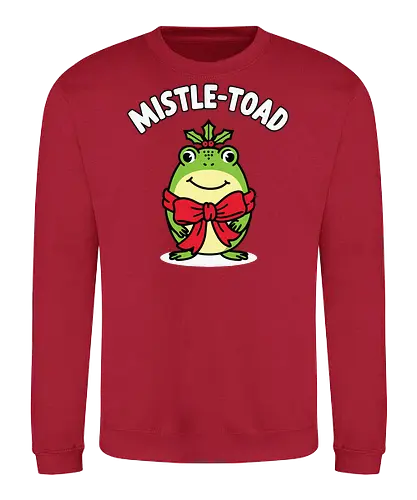 Mistle-Toad - toad, mistletoe, holiday, festive, humor, cartoon, red bow, cheerful, green, cute - Sweatshirt