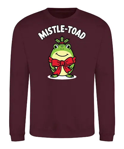 Mistle-Toad - toad, mistletoe, holiday, festive, humor, cartoon, red bow, cheerful, green, cute - Sweatshirt