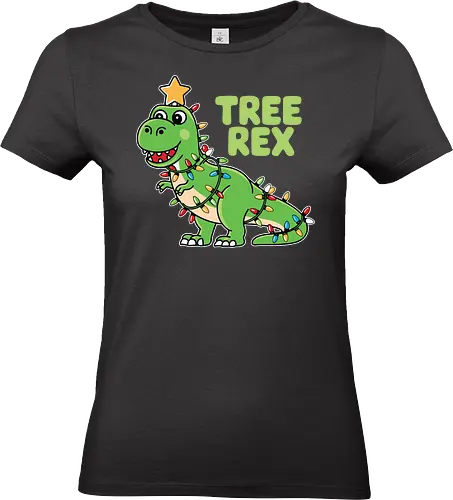Tree Rex - dinosaur, christmas lights, festive, humor, holiday, star, green, decoration, playful, pun - Standard T-Shirt (Women)