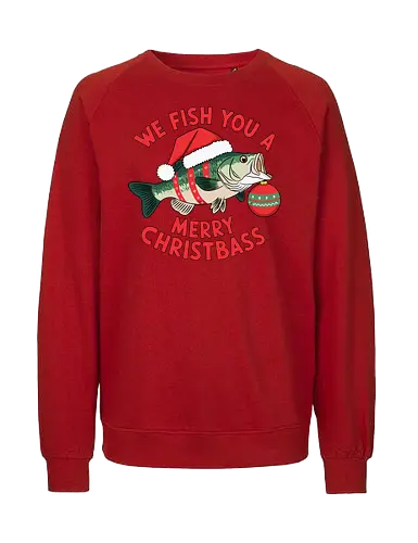 We Fish You a Merry Christbass - christmas, fish, santa hat, holiday, humor, festive, ornament, pun, winter, celebration - Fairtrade Sweatshirt