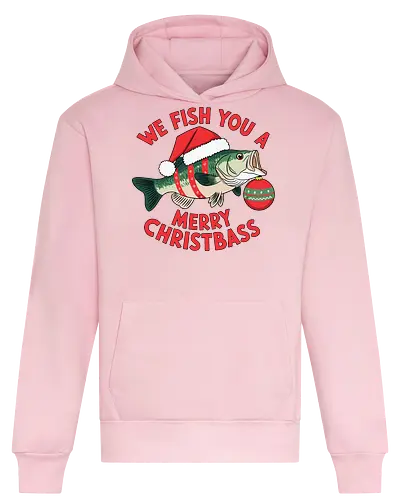 We Fish You a Merry Christbass - christmas, fish, santa hat, holiday, humor, festive, ornament, pun, winter, celebration - Heavyweight Hoodie