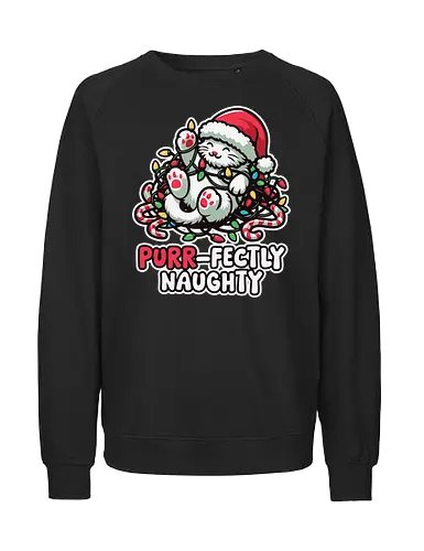 Purr-fectly Naughty - cat, christmas, santa hat, holiday, lights, candy canes, playful, cute, festive, naughty - Fairtrade Sweatshirt