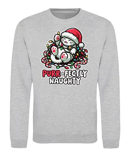Purr-fectly Naughty - cat, christmas, santa hat, holiday, lights, candy canes, playful, cute, festive, naughty - Sweatshirt