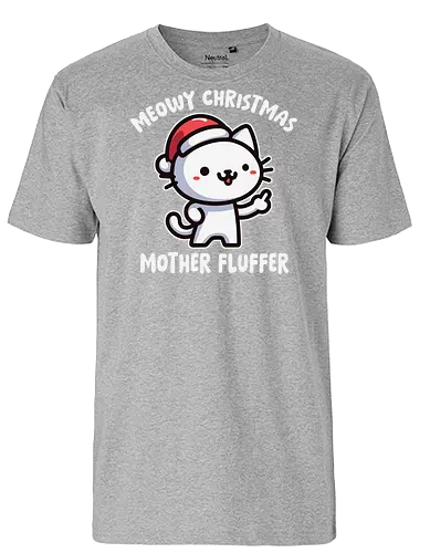 Meowy Christmas Mother Fluffer - cartoon, cat, santa hat, festive, christmas, humor, playful, cute, gray, holiday - Fairtrade T-Shirt