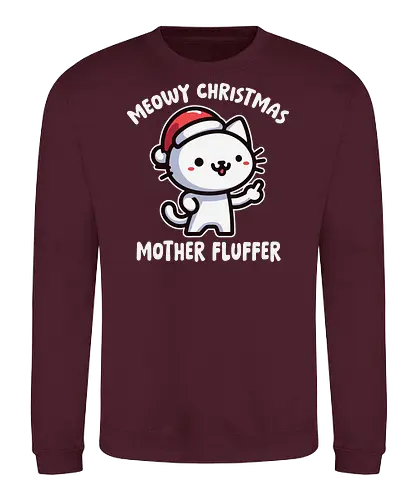 Meowy Christmas Mother Fluffer - cartoon, cat, santa hat, festive, christmas, humor, playful, cute, gray, holiday - Sweatshirt