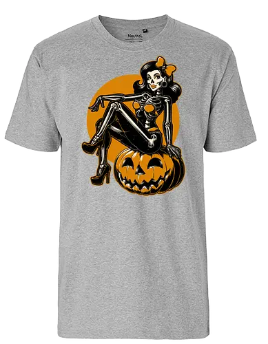 Halloween Pinup - halloween, pinup, sexy, creepy, spooky, autumn, skull, skeleton, graveyard, grave, pumpkin - Fairtrade T-Shirt