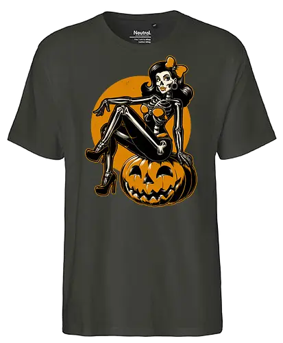 Halloween Pinup - halloween, pinup, sexy, creepy, spooky, autumn, skull, skeleton, graveyard, grave, pumpkin - Fairtrade T-Shirt