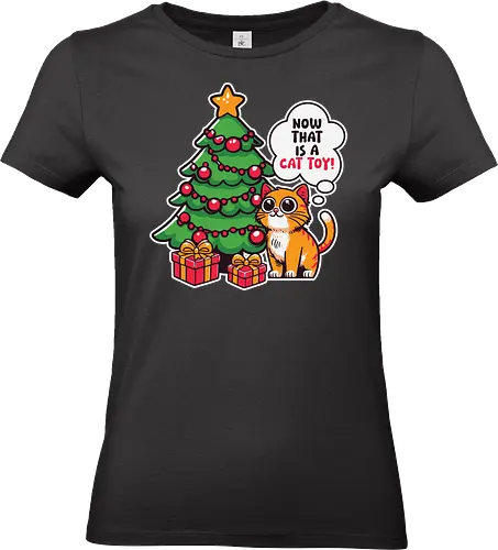 Now that is a cat toy! - cat, christmas tree, presents, festive, decorations, speech bubble, humorous, holiday, cartoon, orange cat - Standard T-Shirt (Women)