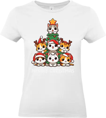  cute kitten tree - cats, christmas, holiday, cartoon, cute, festive, tree, hats, star, greeting - Standard T-Shirt (Women)