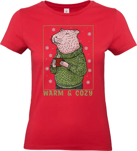 Warm and Cozy - capy, capybara, christmas, merry christmas, xmas, cocoa, cozy, holiday, cozy holidays, winter, winter time - Standard T-Shirt (Women)