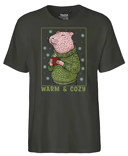 Warm and Cozy - capy, capybara, christmas, merry christmas, xmas, cocoa, cozy, holiday, cozy holidays, winter, winter time - Fairtrade T-Shirt